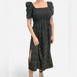 DKNY Elegant Black polka dot short puff sleeve midi dress with leg slit size 8